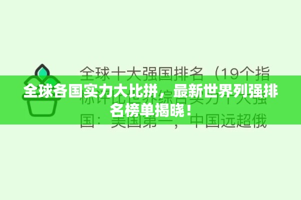 全球各国实力大比拼，最新世界列强排名榜单揭晓！